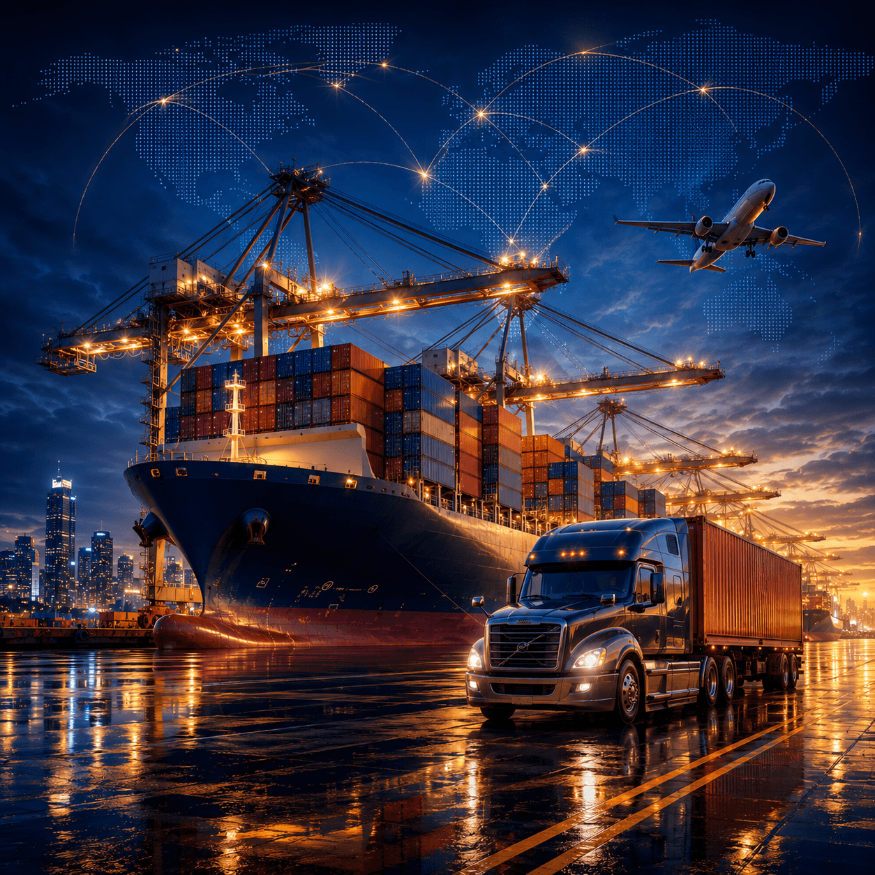 Container ship and port infrastructure supporting global trade