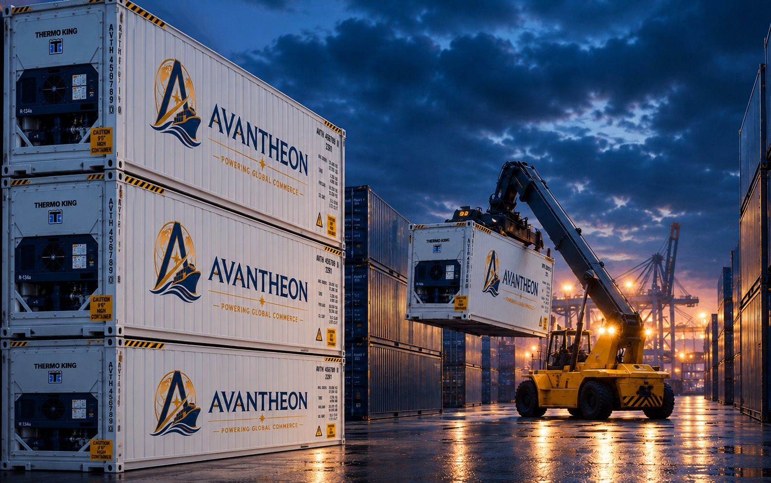 Blue containers in a leasing yard at dusk