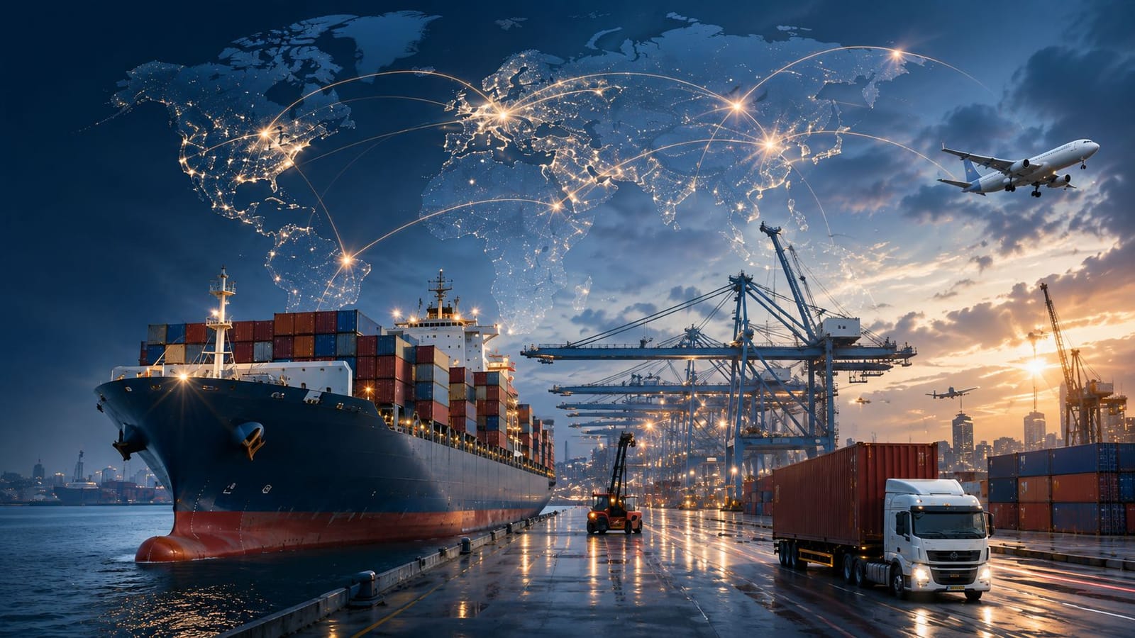 Cargo container handling and stacked infrastructure at sunset