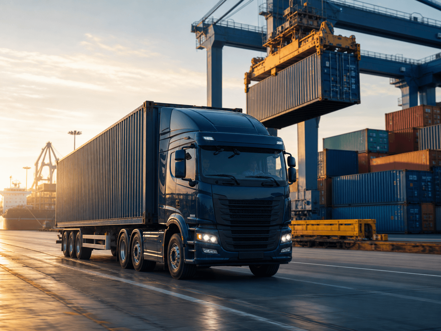 Container truck executing a reliable delivery at an international port