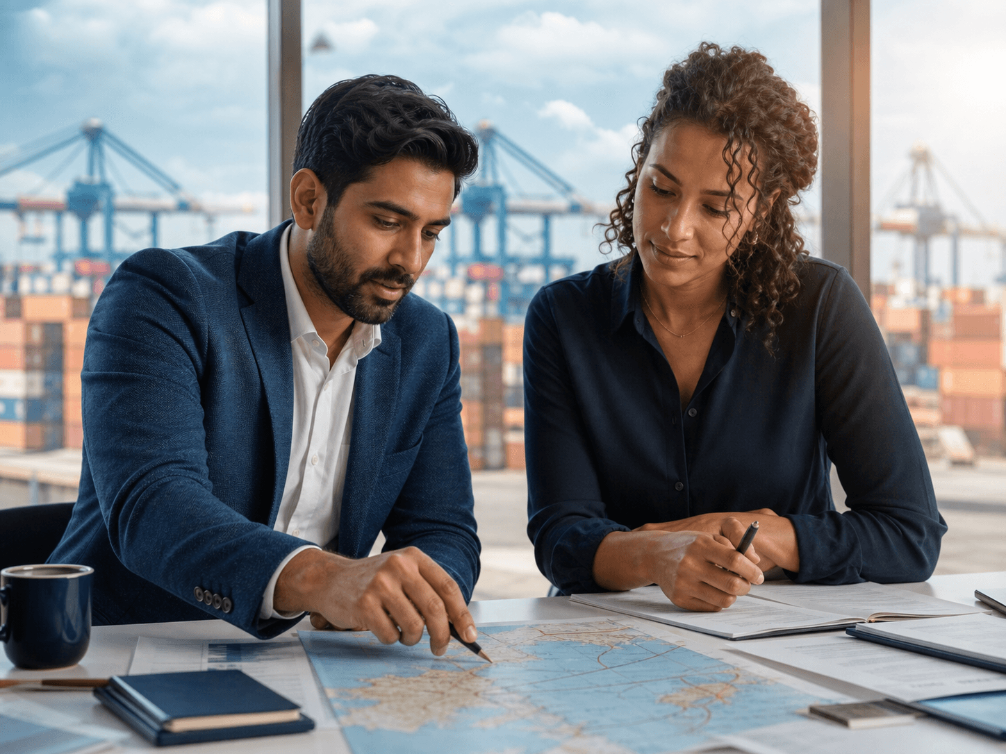 Supply-chain consultants reviewing business requirements and shipping routes